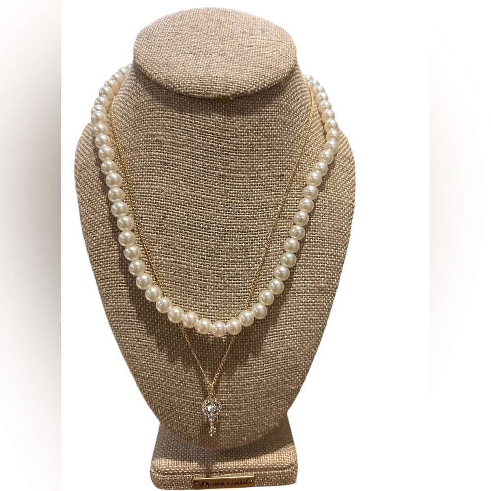 Pearl & Gold Chain Lock & Key Necklace Set